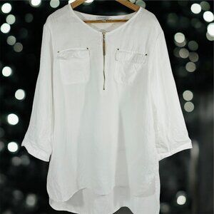 Company Ellen Tracy 100% Linen Womens XL White Tunic Top Gold Zipper Detail